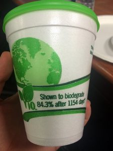 styrofoam cup labeled biodegradable