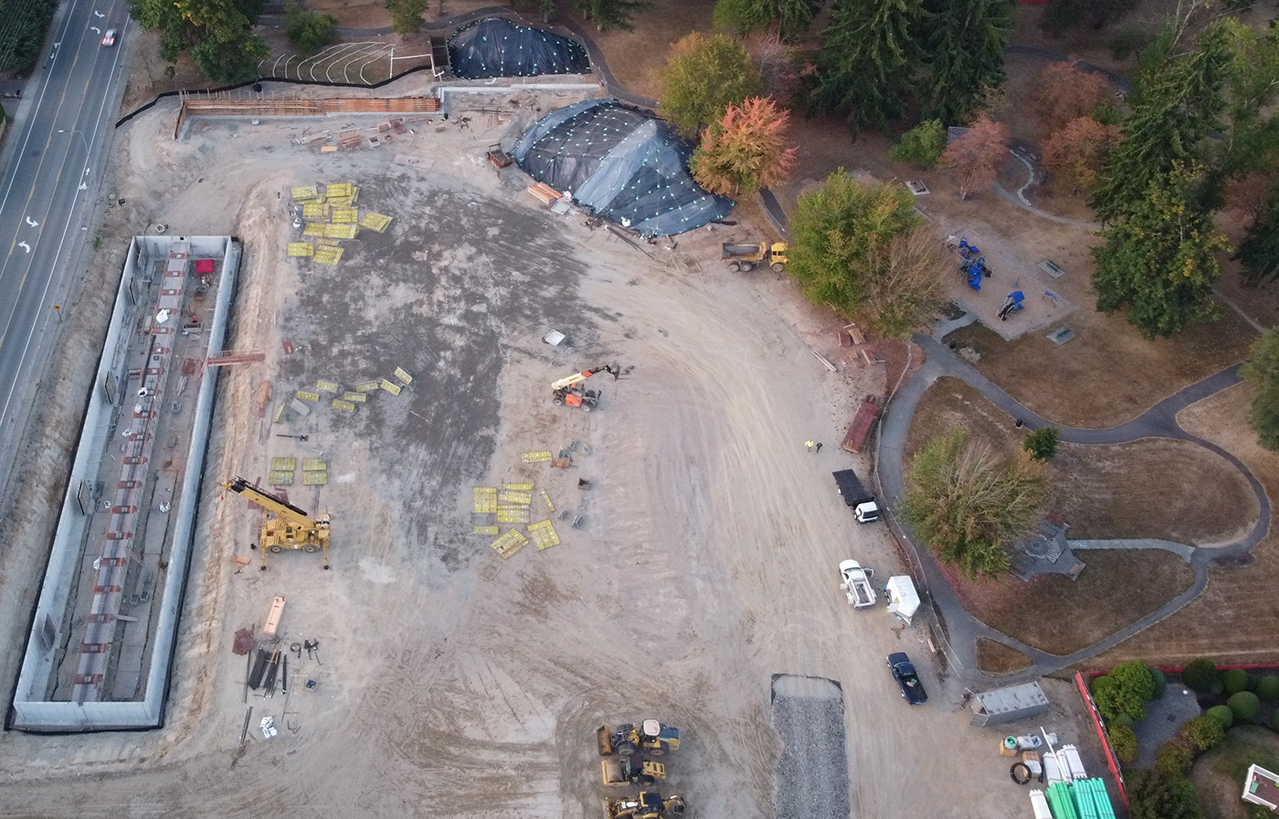 Aerial photo of 132nd Square Park under construction